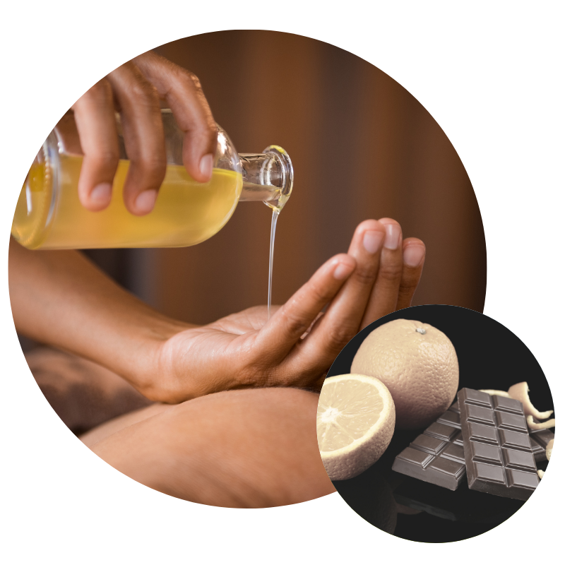 Massage By Léa Sensoriel à Saint-Girons : huile de massage versée dans la main, orange et chocolat